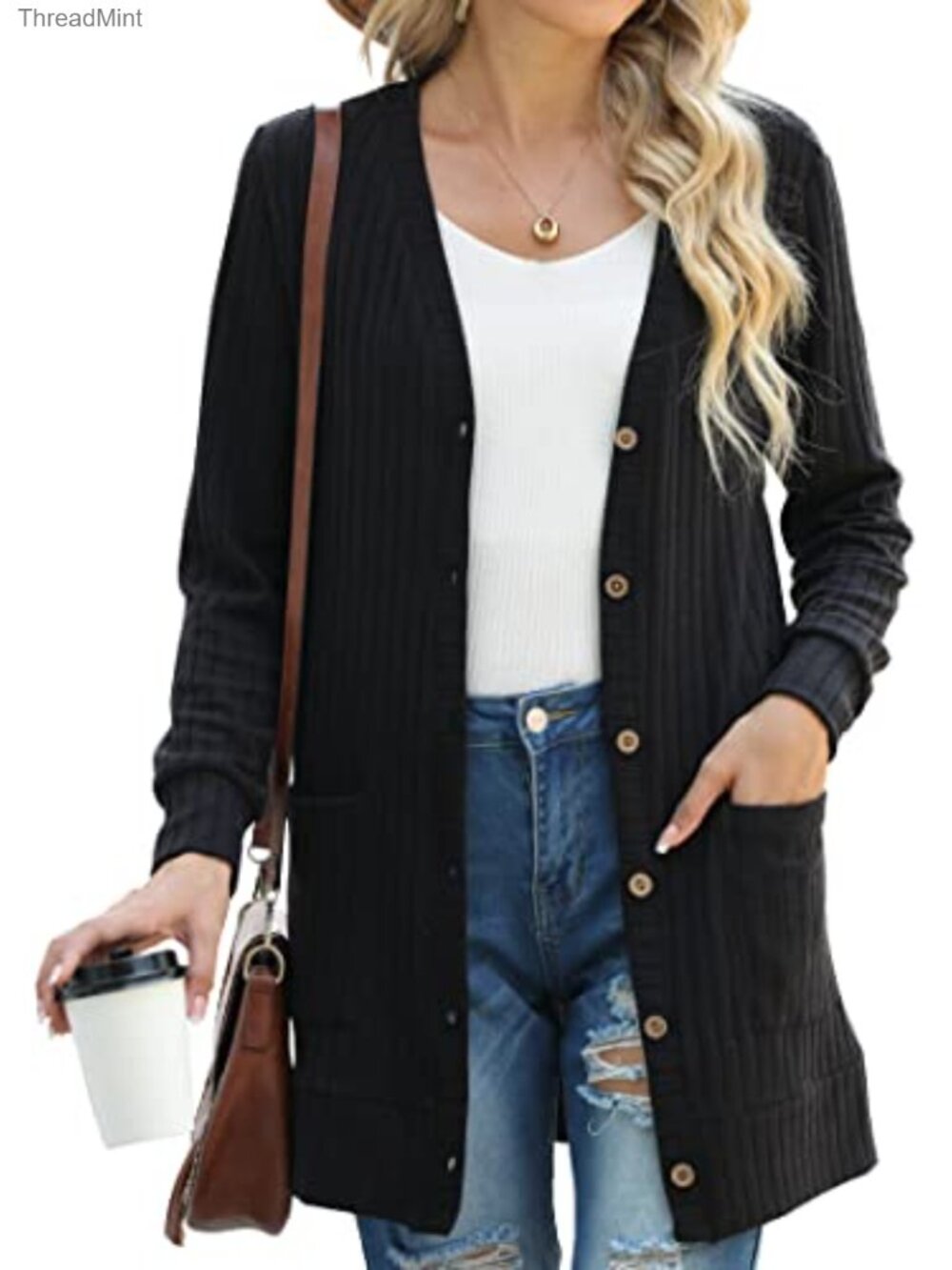 Open Front Cardigan Button Down Ribbed Lightweight Knit Outerwear with Pocket